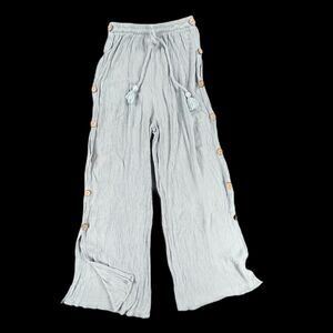 Olivaceous S Blue Crinkle Gauze Wide Leg Pants Side Button Coastal Palazzo Boho